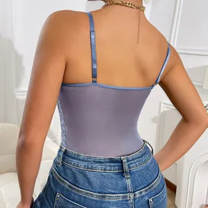 Detailed back view of sexy lace mesh splicing camisole bodysuit with slim fit and thin straps.