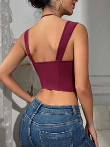Women burgundy halter crop top sexy slim fit corsets stylish summer apparel daily wear.