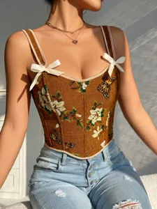 Top de corsé vintage con estampado de mariposa floral y tirantes de lazo elegante