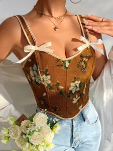 Top de corsé jacquard floral vintage para mujer, elegante corpiño sin espalda con lazo.