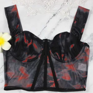 Sexy black red mesh corset top with underwire and boning, trendy strappy bustier camisole.