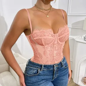 Detailed shot of the sexy lace mesh patchwork halter bodysuit, sheer floral lace trim design.