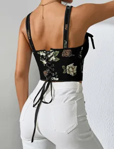 Women's French floral corset top featuring a lace-up back design and elegant cami straps.