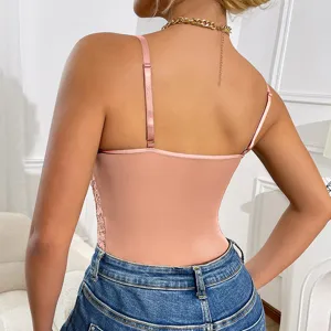 Detailed view of the sexy pink lace spliced bodysuit back, slim fit sheer mesh camisole top.