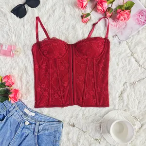 Red lace corset top sexy strapless bustier with underwire and boning for women fashion.