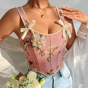 French floral corset top for women, featuring cute bow straps and vintage print. Slim fit.