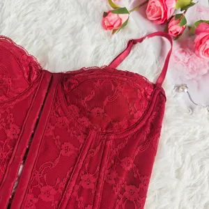 Red lace corset top with steel ring and boning, sexy strapless backless bustier top for women.