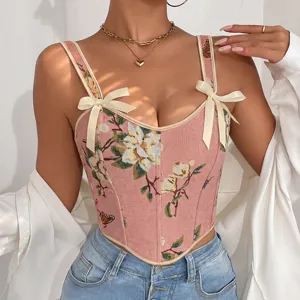 Floral jacquard corset top for women, sexy camisole with sweet bow ties and vintage style.