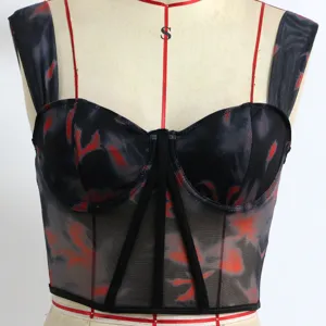 Fashion women's mesh print boned crop camisole top, stylish and edgy streetwear style.