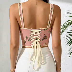 Floral tapestry corset top with lace-up back, elegant French style camisole for women.