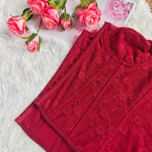 Red lace corset bustier top with underwire boning and hook-and-eye closure for women.