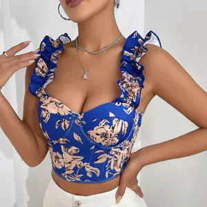 Stunning blue floral corset top featuring ruffle straps and underwire cups for a stylish summer look.