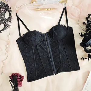 Close-up detail of black lace corset bustier top with boning, elegant and seductive design.