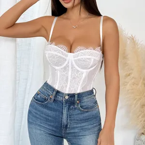 Women's white lace trim sheer mesh camisole bodysuit sexy slim fit sleeveless top jeans
