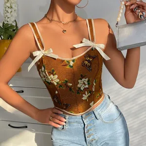 Detailed view of the French floral tapestry corset top featuring cute bow straps and butterfly print.