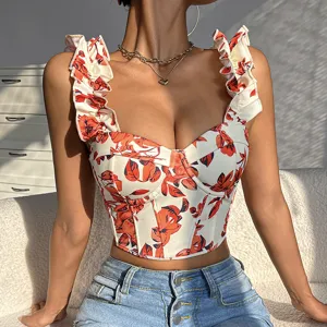 Stunning floral print corset top with ruffled straps, feminine summer bustier design.