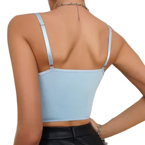 Sexy light blue camisole crop top for women backless adjustable straps summer casual fashion