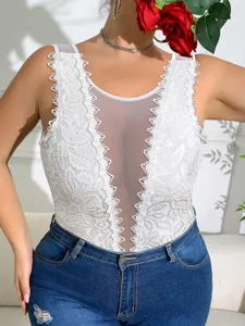 Body sexy en dentelle blanche transparente pour femme haut slim fit sans manches chic