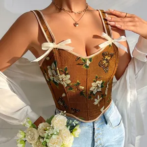 Floral print corset top with bow straps, vintage style sleeveless camisole for women daily wear.