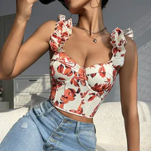Floral print ruffle strap corset top, slim fit sweetheart neck summer fashion apparel.