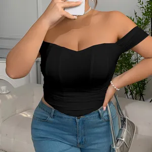 Plus Size schwarzes schulterfreies Korsett Oberteil sexy trägerloses Sommer Casual Shirt Top