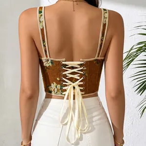 French floral lace-up corset top detail showcasing back bowknot design and slim fit camisole.