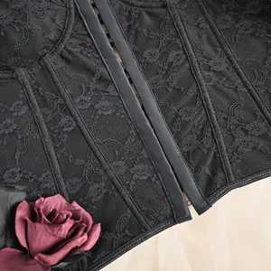 Black lace corset top detail, showcasing exquisite floral lace fabric and boning structure.