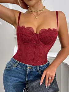 Red lace mesh trim slim fit camisole bodysuit for women, sexy fashion clothing style.