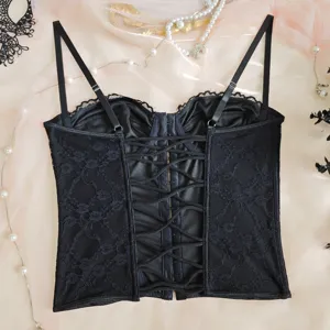 Black lace corset cami detail, sexy sheer bustier with straps and delicate back design.
