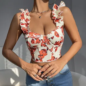 Floral print corset top featuring ruffled straps and boning for stylish summer wear.