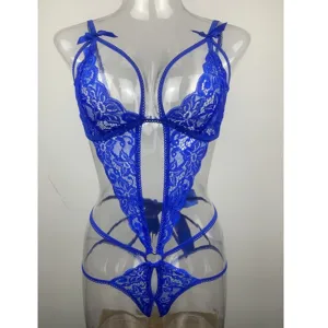 Body lingerie sexy en dentelle bleue pour femme body erotique transparent avec noeuds