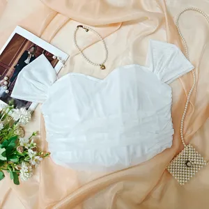 Sommer weißes trägerloses Korsett Top, sexy Mesh geraffte Bustier Mode Damen Oberbekleidung.