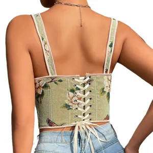 French floral lace-up corset top for women, vintage backless camisole crop top tank.