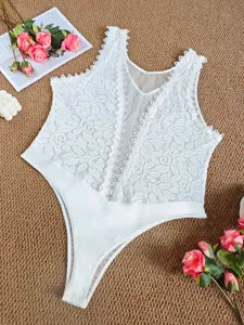 Body sexy sans manches col en V en dentelle blanche haut élégant pour femmes d'été