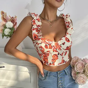 Chic floral print corset top with ruffles and boning detail, perfect for summer fashion styles.