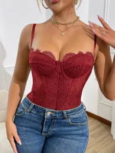 Sexy red lace trim sheer mesh camisole bodysuit paired with blue jeans for women stylish chic.