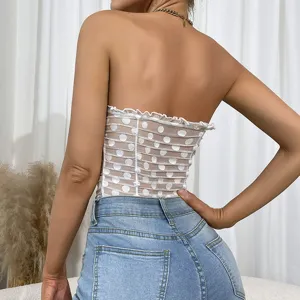 Sheer polka dot strapless bodysuit, sexy mesh ruffled tube top paired with blue jeans.