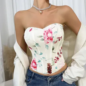 Floral print strapless corset crop top, sexy low-cut bustier for women fashion.