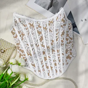 White lace corset crop top for women, sexy strapless bustier with boning design, chic summer fashion.