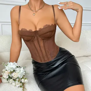 Stylish brown sheer corset top featuring delicate eyelash lace trim and supportive boning.
