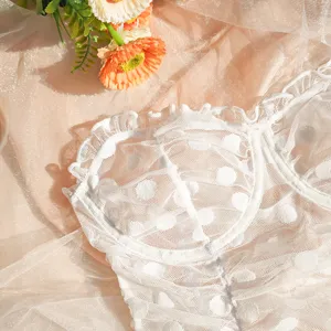 White polka dot sheer mesh lace bodysuit detail with underwire and ruffled trim.