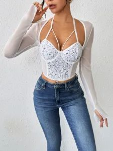Σεξουαλικό Γυναικείο Slim Fit Δαντέλα Mesh Μακρύ Μανίκι Corset Top Με Παγιέτες Μονόχρωμη Λευκή Μπλούζα Chic Party Clubwear