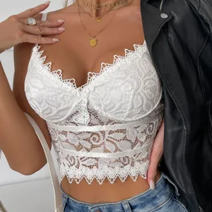 Detaillierte Nahaufnahme des weißen Spitzentops mit feinem Floralmuster und Saum.