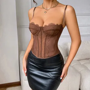 Sexy sheer boned corset top with lace trim and spaghetti straps for women detail view.