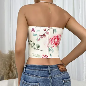 Floral print strapless backless crop top corset summer sexy back zipper tube top blouse