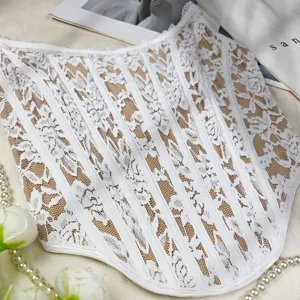 White lace corset top detail featuring intricate floral patterns, boning structure, and mesh lining.