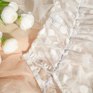 White sheer mesh polka dot bodysuit lace ruffle detail closeup aesthetic product photography.