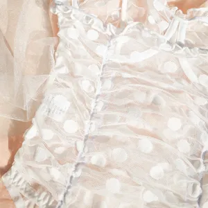 White polka dot mesh sheer bodysuit detail, ruffled lace design, sexy intimate apparel.
