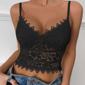 Damen sexy schwarze spitze bustier crop top v ausschnitt ärmellos sommer casual elegante bluse