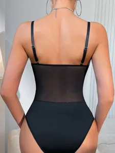Black mesh open back bodysuit detail, slim fit sexy styling, comfortable stretchy apparel.